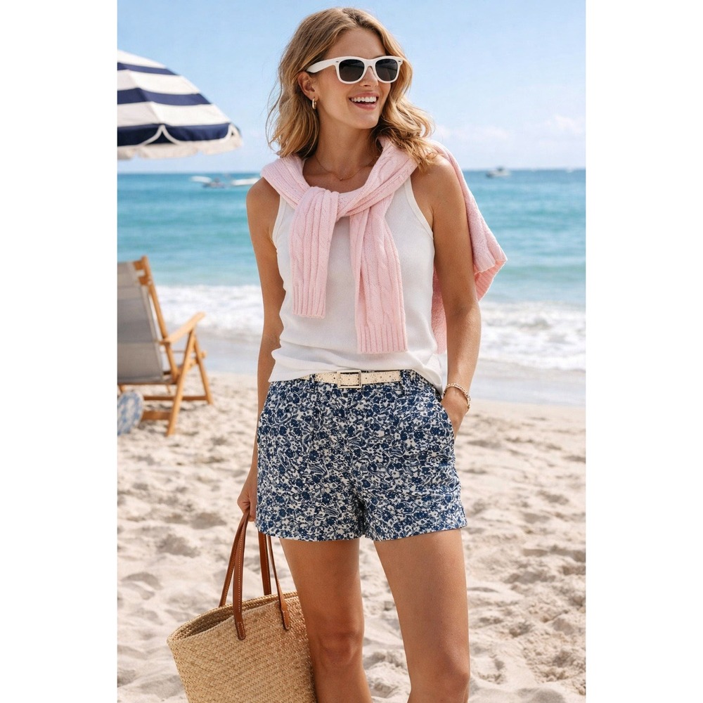 J.Crew‎ Womens Navy Blue White Floral Chino Shorts Size 10 coastal preppy Beach